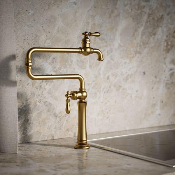 Artifacts Single-Hole Deck-Mount Pot Filler Kitchen Sink Faucet in Vibrant Brushed Moderne Brass