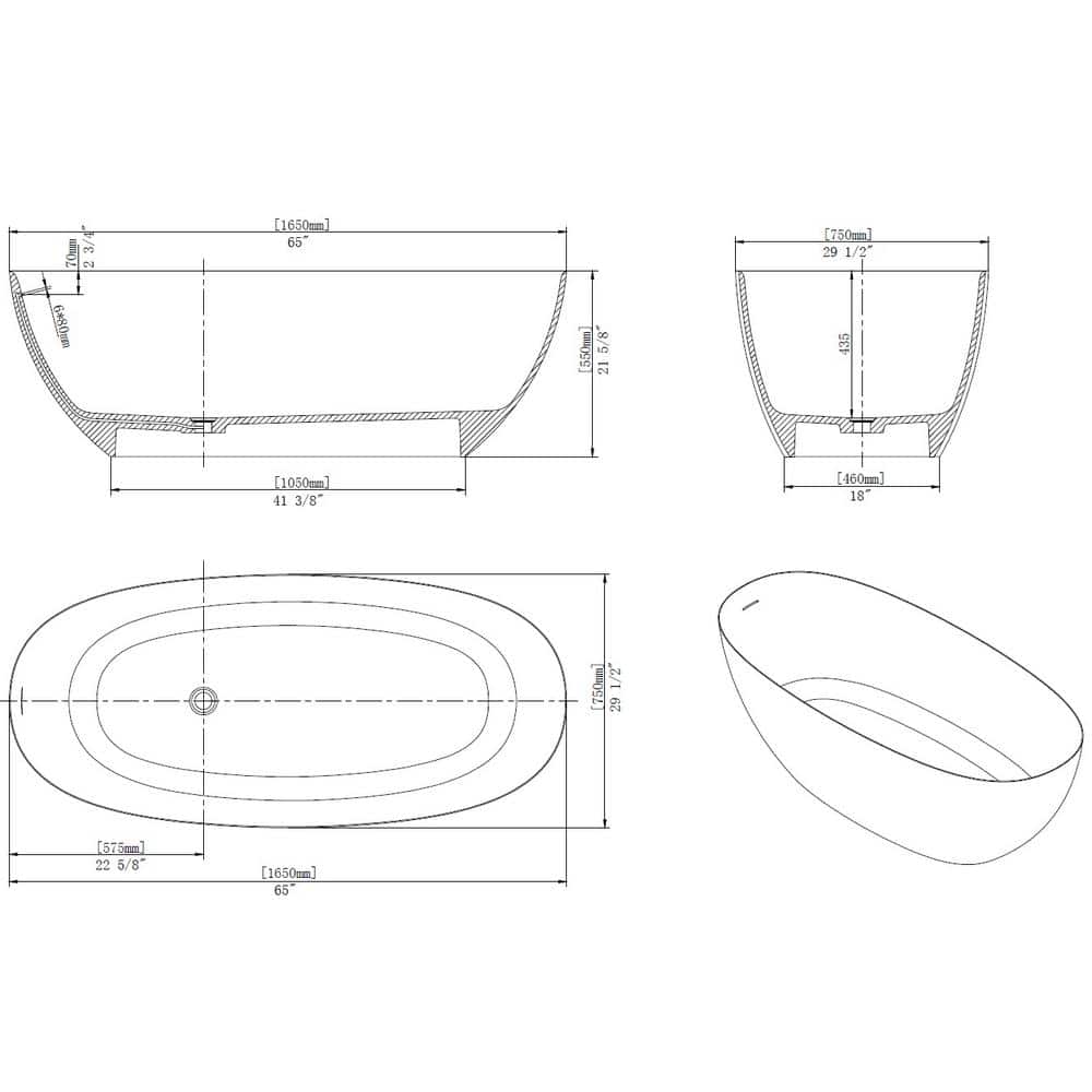 65" Gloss White Stone Resin Double Slipper Freestanding Bathtub
