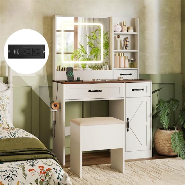 2-Piece White and Walnut Makeup Vanity Set with Mirror and Power Outlets Dressing Table with 3 Color lighting