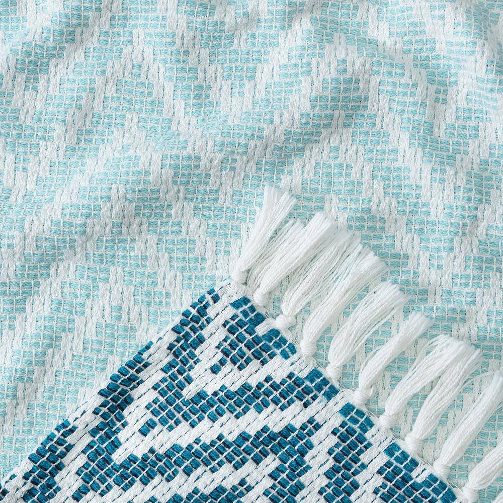 Blue and White Cotton Chevron Throw Blanket with Tassels