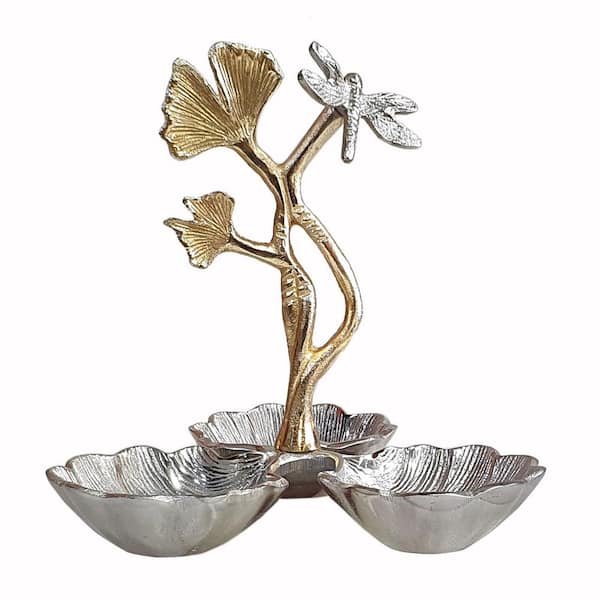A & B Home Silver/Gold Gingko Leaf Nut Bowl with Dragonfly Detail