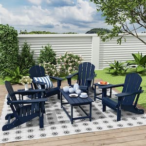 Laguna 7-Piece Fade Resistant Outdoor Patio HDPE Poly Plastic Folding Adirondack Chair Conversation Set in Navy Blue