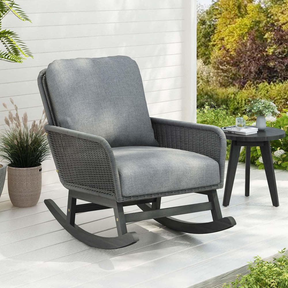 Gray Wood Outdoor Rocking Chair with Gray Cushions, Patio Rattan Rocker ...