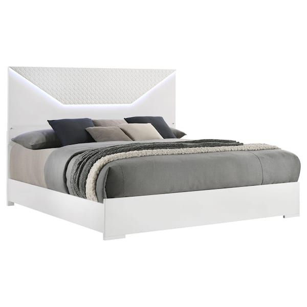Ives White High Gloss Wood Frame Eastern King Panel Bed with Touch LED Light in Headboard
