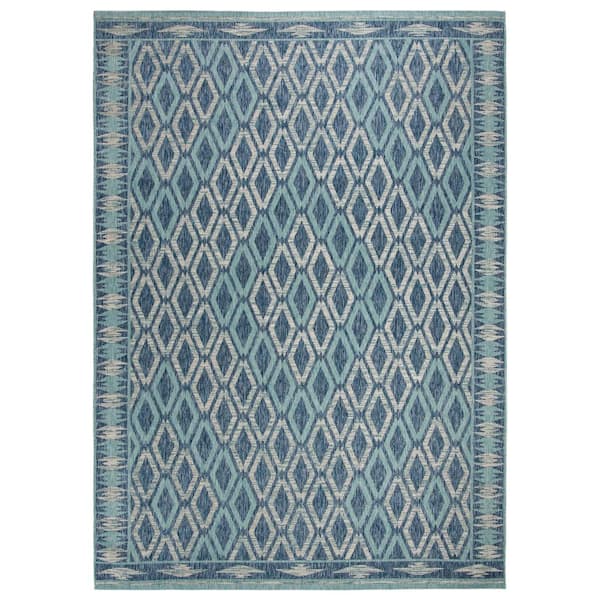 Courtyard Navy/Aqua 10 ft. x 14 ft. Border Diamond Indoor/Outdoor Area Rug