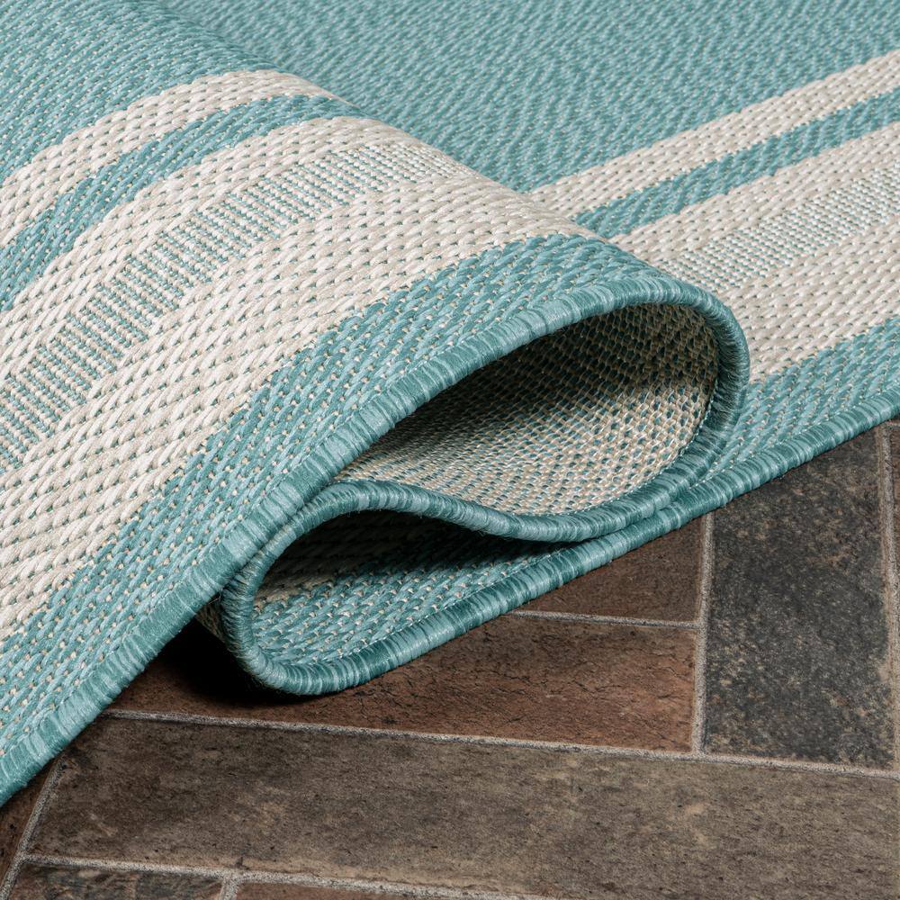 Aqua and Beige 3' x 5' Modern Stripe Synthetic Indoor/Outdoor Rug