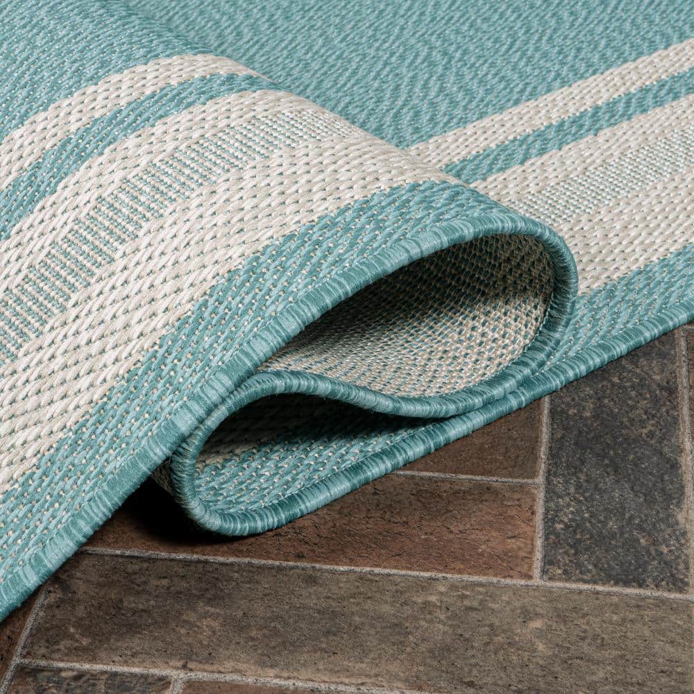 Aqua and Beige Synthetic Stripe 4' x 6' Rectangular Rug