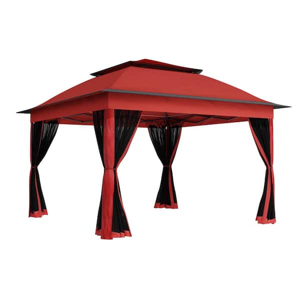 11 ft. x 11 ft. Red Pop-Up Outdoor Patio Steel Metal Frame Soft Top Gazebo with Mosquito Netting