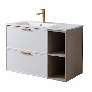 36 in. W x 18 in. D x 24 in. H Wall-Mounted Bathroom Vanity in White and Wood Grain with Ceramic Sink Top