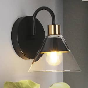 Modern Black Bathroom Vanity Light, 1-Light Brass Bell Wall Sconce Light with Double Shades