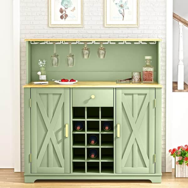 FESTIVO 47 in. Green Wood Buffet Bar Cabinet with Wine Rack with wood pattern countertop