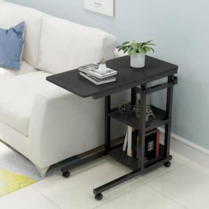 Moronia 31.5 in. Black Height Adjustable C End Table, Mobile Laptop Side Table with Rolling Wheels and Storage Shelves