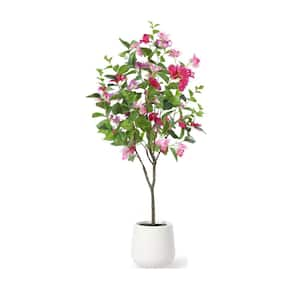 4 ft. Artificial Bougainvillea Tree with White Planter, Tall Faux Bougainvillea Trees with Red Flowers