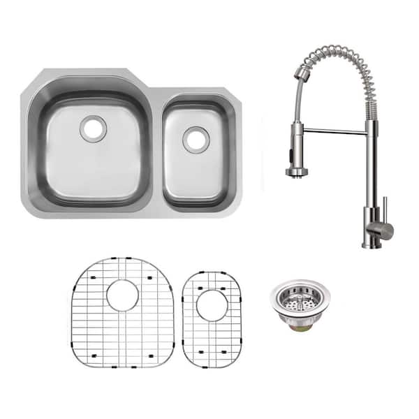 32 in. Undermount 70/30 Double Bowl 18 Gauge Stainless Steel Kitchen Sink with Pull Down Sprayer Industrial Style Faucet