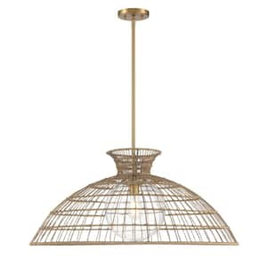 Lanai 60-Watt 1-Light Warm Brass Pendant Light with Clear Seeded Glass and Rattan Shades, No Bulbs Included