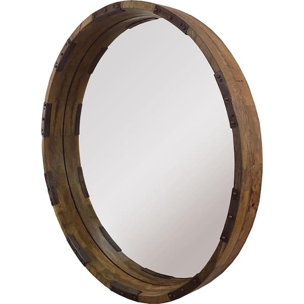 Renwil Medium Round Natural Wood And Distressed Black Metal Shatter Resistant Contemporary Mirror (30 in. H x 30 in. W)