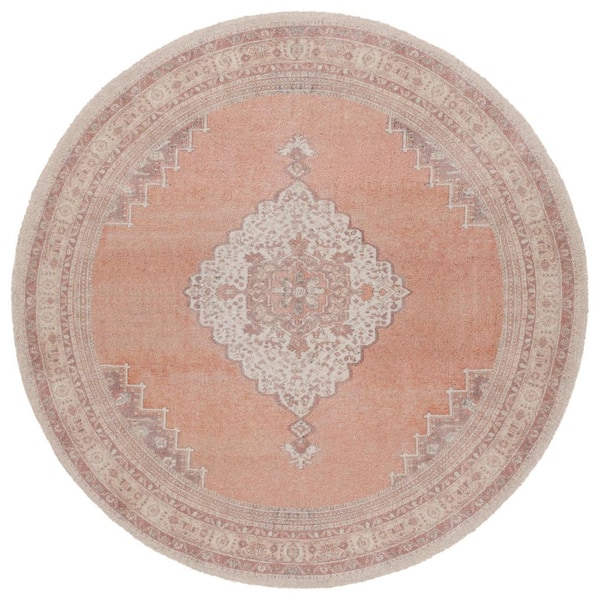 Classic Vintage 6 ft. x 6 ft. Ivory/Light Rust Faded Medallion Border Round Area Rug