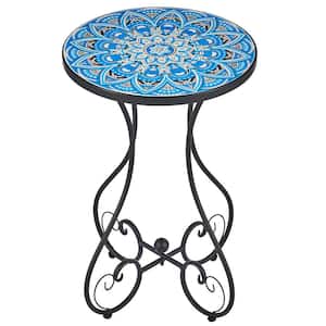 14 in. Teal Mandala Round Ceramic Outdoor Side Table and Mosaic Tile Plant Stand