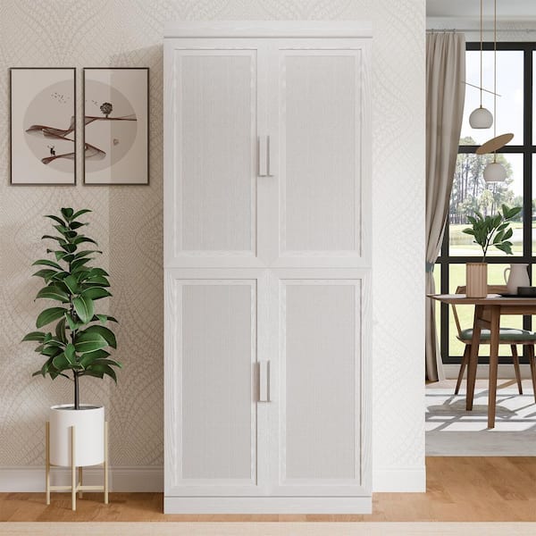 Solid Wood White 72 in. H Storage Cabinet with Adjustable Shelves and Rattan Doors