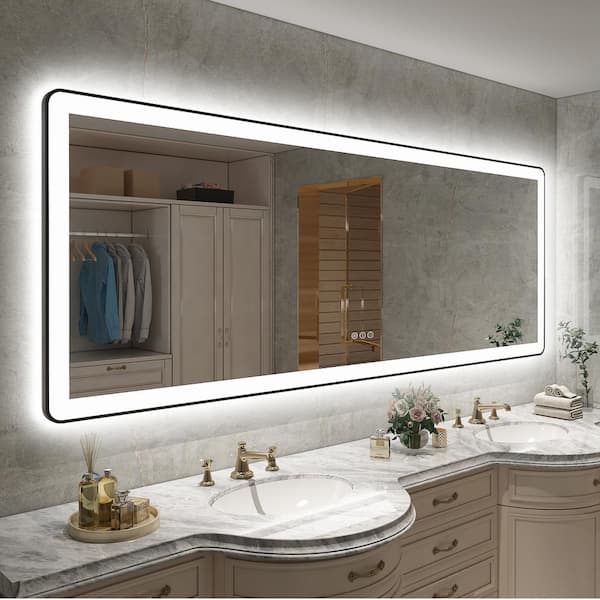 Apmir 84 in. W x 32 in. H Rectangular Framed Front & Back LED Lighted Anti-Fog Wall Bathroom Vanity Mirror in Tempered Glass