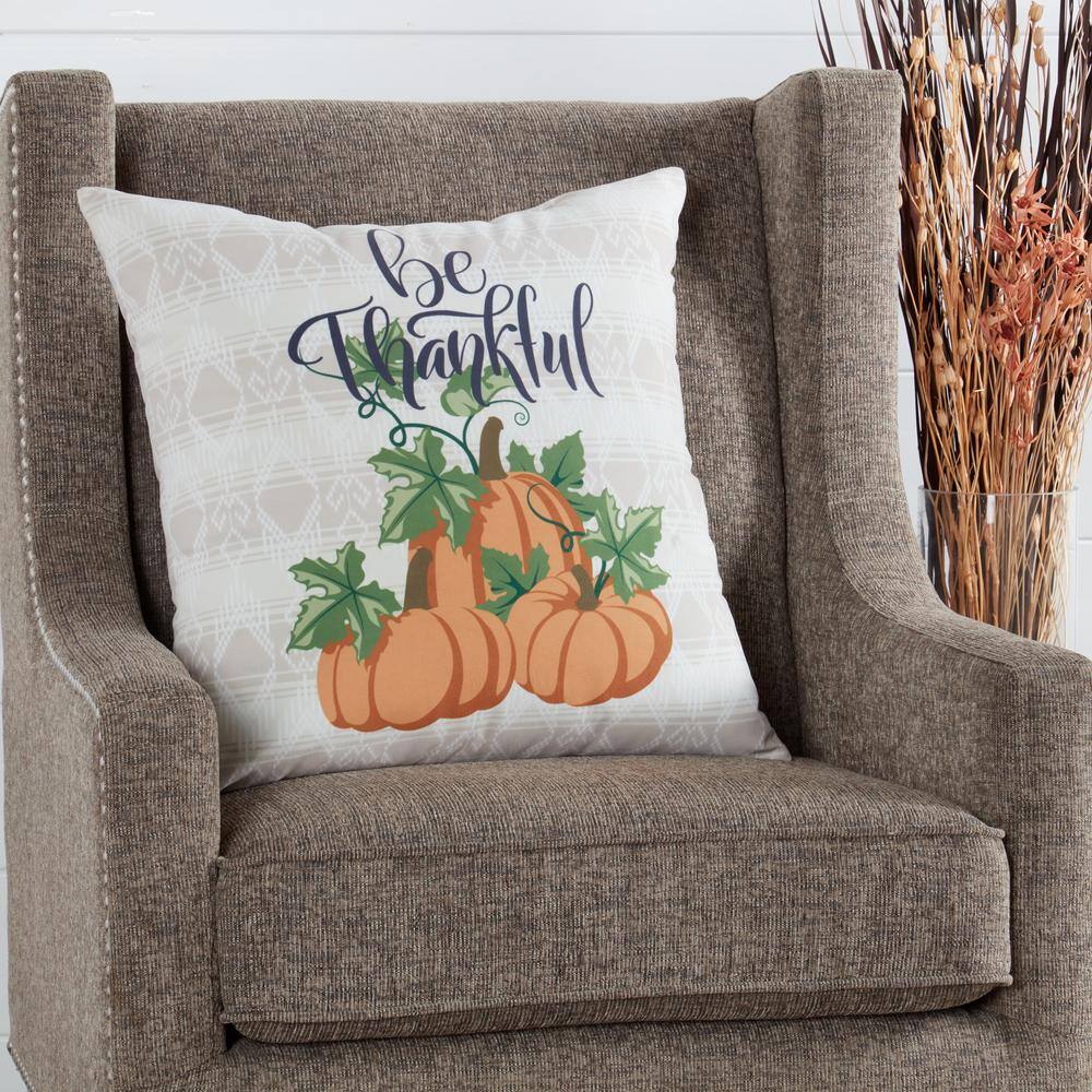 Be Thankful Fall Graphic Cotton Throw Pillow with Pumpkins
