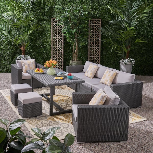 Noble House Santa Rosa Grey 8-Piece Faux Rattan and Aluminum Outdoor Dining Set with Light Grey Cushions