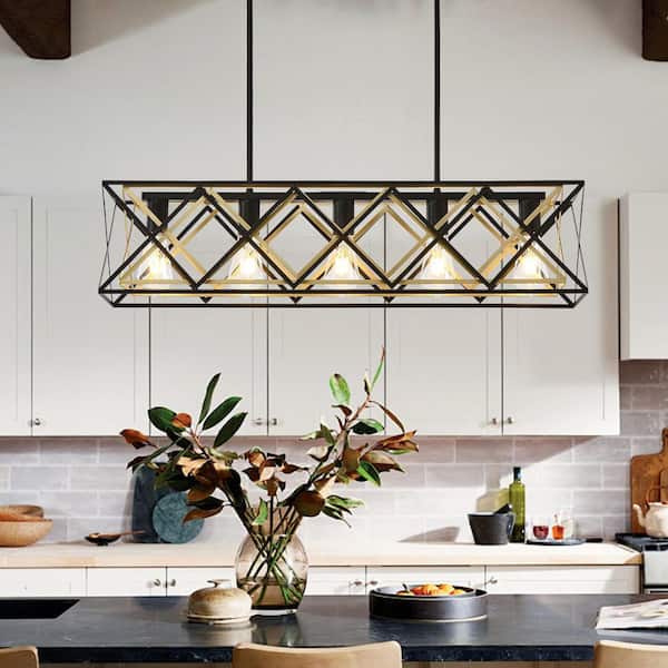5-Light Black and Gold Industrial Linear Island Chandelier with Rectangular Frame for Kitchen Island