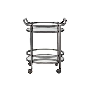 Contemporary Style Metal Outdoor Bar Oval Serving Cart with Clear Tempered Glass, 2 Open Storage and 4 Wheels in Black