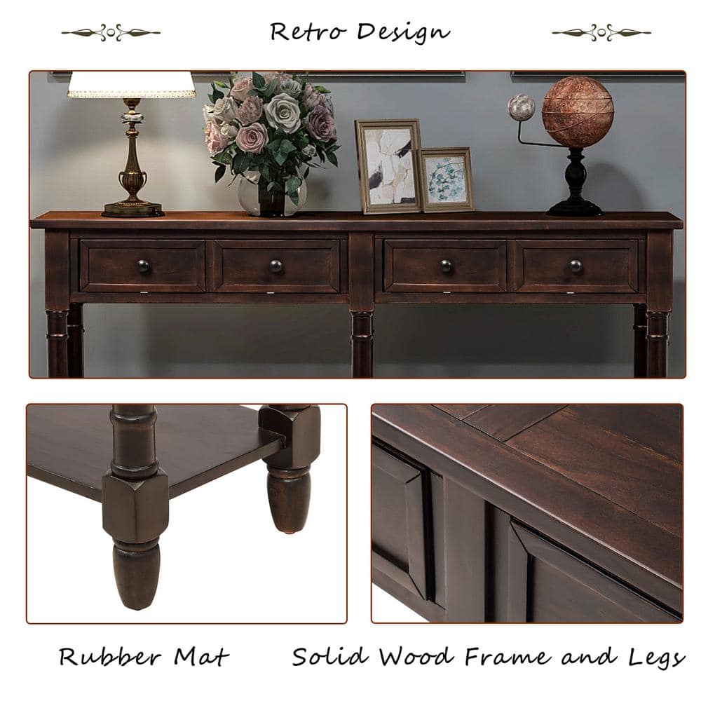 Espresso Pine Wood Console Table with Drawers and Shelf