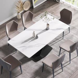 Modern White Stone 71 in. Rectangular Luxury Black Column Dining Table Seats 8