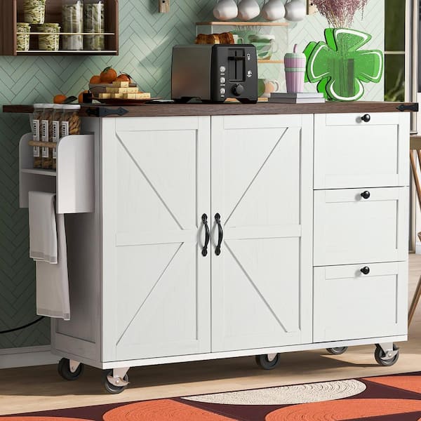 Staykiwi White MDF Kitchen Cart with 2 Door Cabinet, Spice Rack, Drop Leaf and Towel Rack