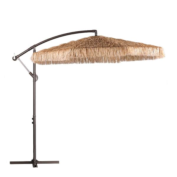 Aoodor 10 ft. Outdoor Thatched Cantilever Patio Umbrella in Brown with Cross Base Stand