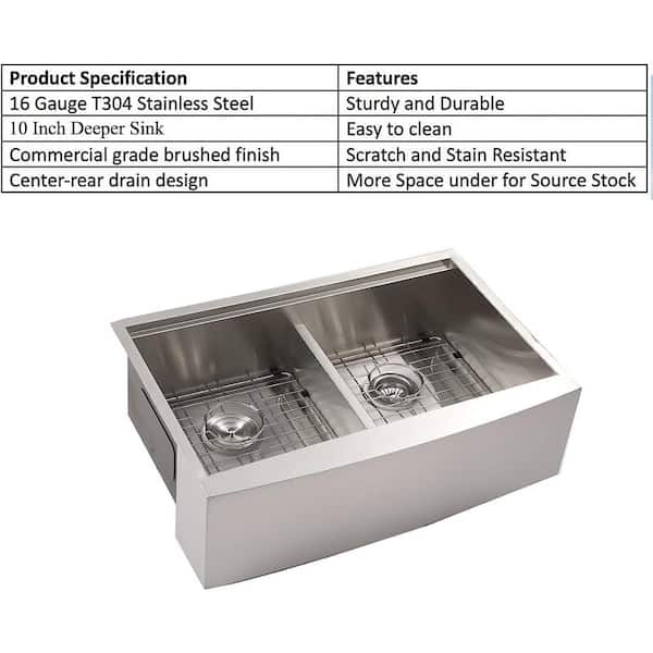 Lordear 33 in. Farmhouse/Apron-Front Double Bowl 16 Guage Stainless Steel Workstation Kitchen Sink with Low Divider, Stainless Steel Brushed