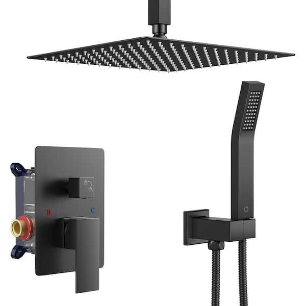 12 in. 2-Jet High-Pressure Rainfall Bathroom Shower System in Matte Black with Square Head and Handheld Shower