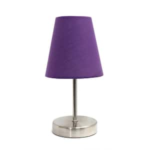 10.5 in. Purple Traditional Petite Metal Stick Bedside Table Desk Lamp in Sand Nickel with Fabric Empire Shade