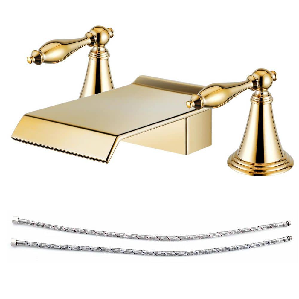 2 Handles 8 in. Widespread Waterfall Bathroom Faucet 3-Hole Bathroom Sink Faucet With Waterfall Spout in Polished Gold price history on PriceWatchPro