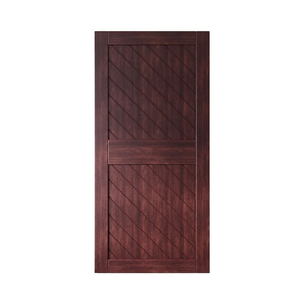 HOMACER XT2 40 in. x 84 in. C-Panel Solid Core Red Mahogany Slanted Stripe Design Pine Wood Interior Sliding Barn Door Slab