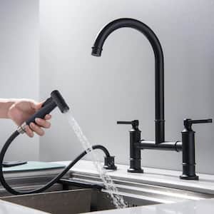 Double-Handle Bridge Kitchen Faucet with Side Sprayer 304 Stainless Steel Deck Mount Kitchen Sink Faucet in Matte Black