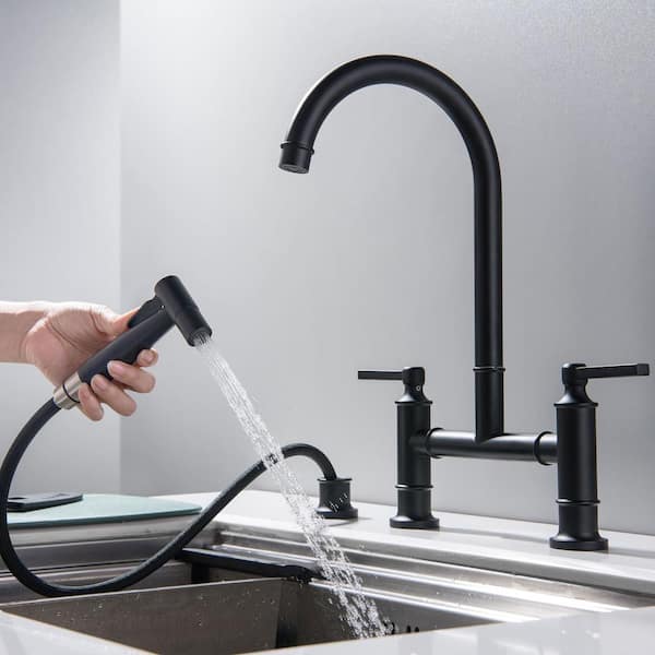 FLG Double-Handle Bridge Kitchen Faucet with Side Sprayer 304 Stainless Steel Deck Mount Kitchen Sink Faucet in Matte Black