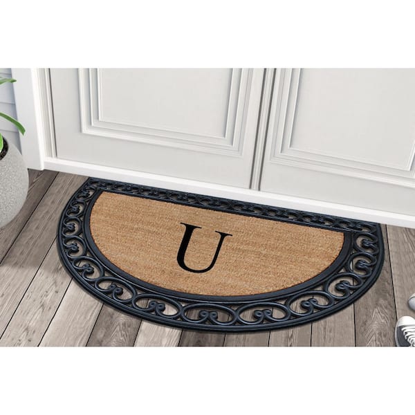 A1 Home Collections A1hc Floral Pattern Black 18 in. x 30 in. Rubber and Coir Outdoor Entrance Durable Monogrammed U Door Mat