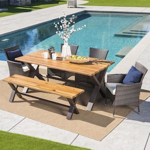 Greta 6-Piece Acacia Wood Rectangular Outdoor Dining Set with Bench and Beige Cushions