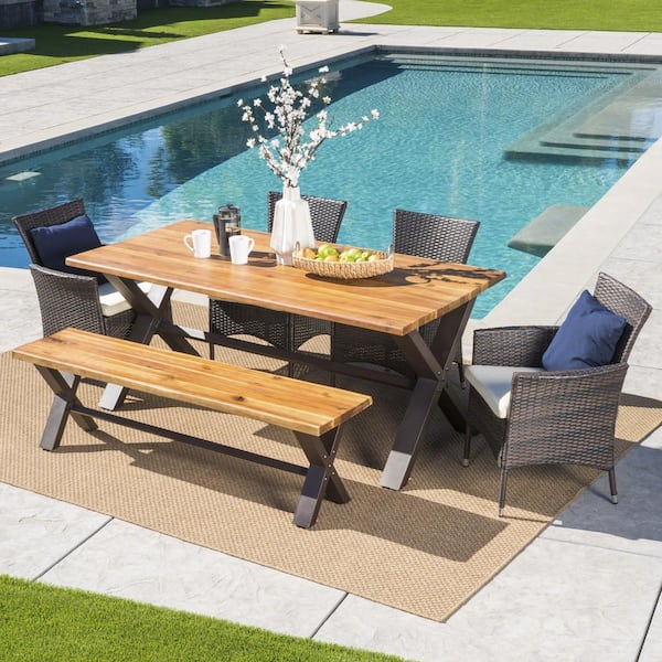 Noble House Greta 6-Piece Acacia Wood Rectangular Outdoor Dining Set with Bench and Beige Cushions