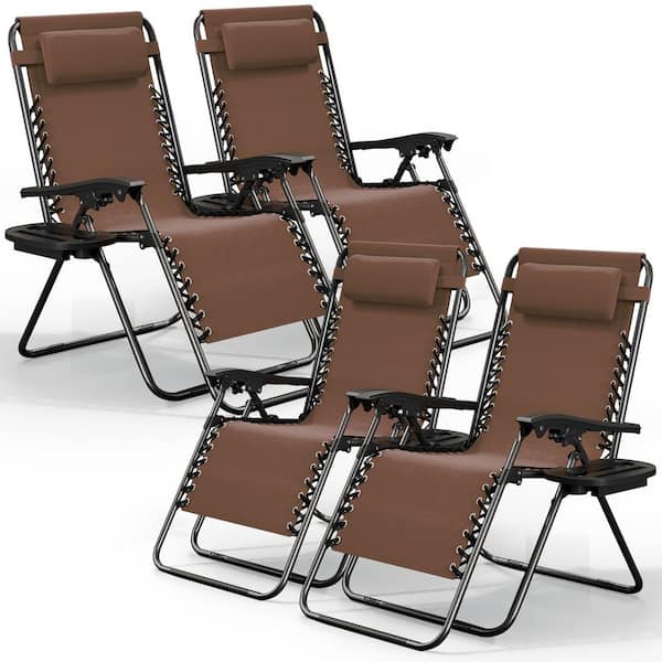 4-Piece Brown Zero Gravity Chairs, Metal Outdoor Lawn Chair with Pillow and Cup Holder Tray