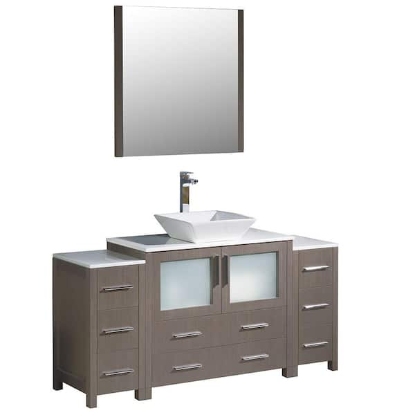 Fresca Torino 60 in. Vanity in Gray Oak with Glass Stone Vanity Top in White with White Basin and Mirror