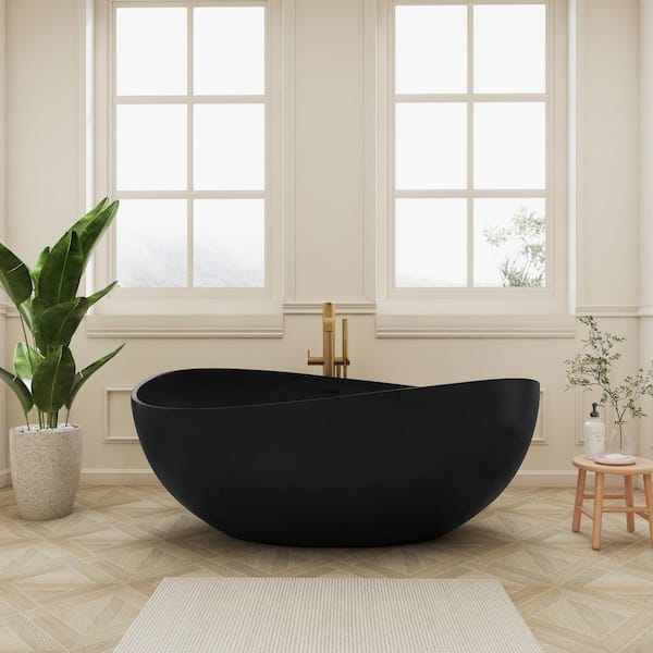 Risti 63 in. x 39 in. Stone Resin Freestanding Soaking Bathtub in Black