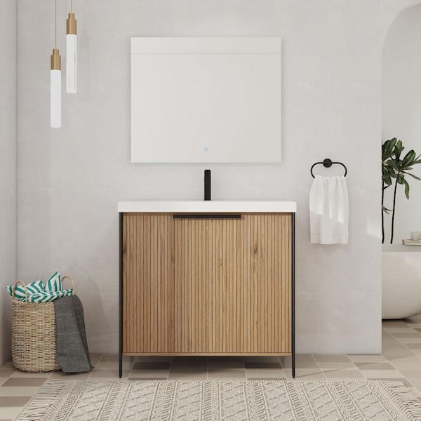 36 in. Freestanding Single Beige Bath Vanity with White Resin Top Unassembled