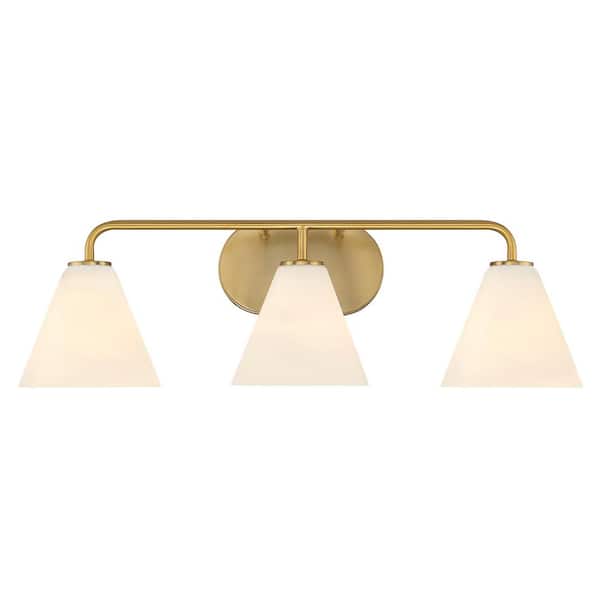 Blair 25.5 in. W x 8 in. H 3-Light Warm Brass Transitional Bathroom Vanity Light with White Strie Glass Shades