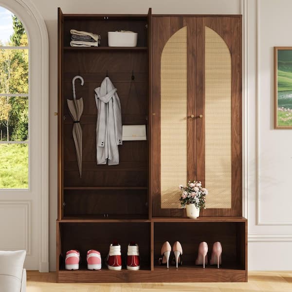 Tammie Bohemian 4-in-1 Walnut Entryway Hall Tree with Rattan Doors, Bench Seating, Hooks, and Adjustable Shelves