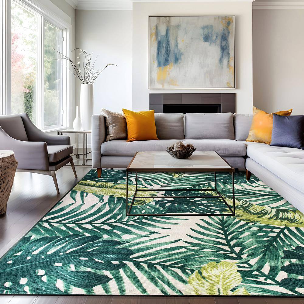 Large Green and White Synthetic Tropical Floral Area Rug