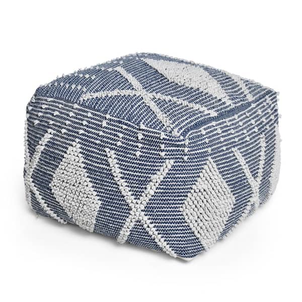 Noble House Sylas Ivory and Navy Blue Large Handcrafted Faux Yarn Square Pouf